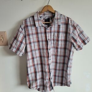 Prana Short Sleeve Button Down Shirt Red Gray Plaid XL Extra Large